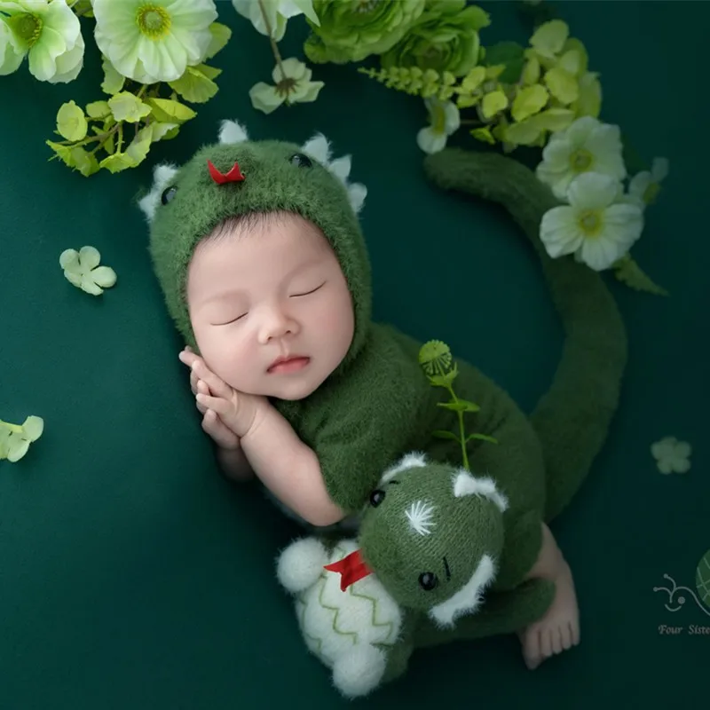 ❤️Newborn Photography Clothing Green Snake Hat+Jumpsuit+Tail+Doll 4Pcs/Set Studio Baby Photo Props Accessories Clothes Outfits