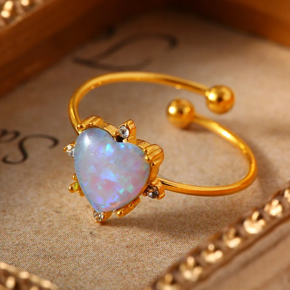 Fantasy Free Size Heart Sun Waterdrop Natural Opal Stone Rings For Woman Stainless Steel Gold Plated Waterproof Jewelry