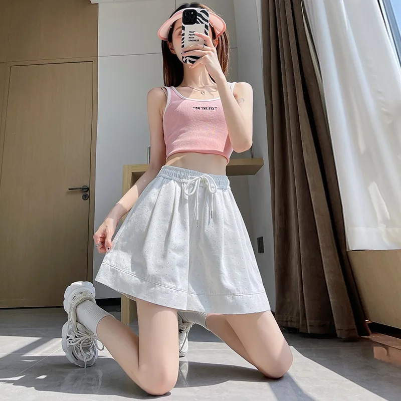 Solid Color Shorts Women Summer Drawstring Sports Loose High Waist Casual Wide Leg Pants Korean Style Versatile Shorts Female