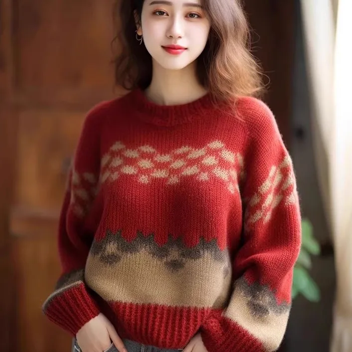 

Thiened вязаный свитер женский осенне-зимний новый свободный вязаный топ Lazy Faion круглый Ne в полоску с цветочным узором...