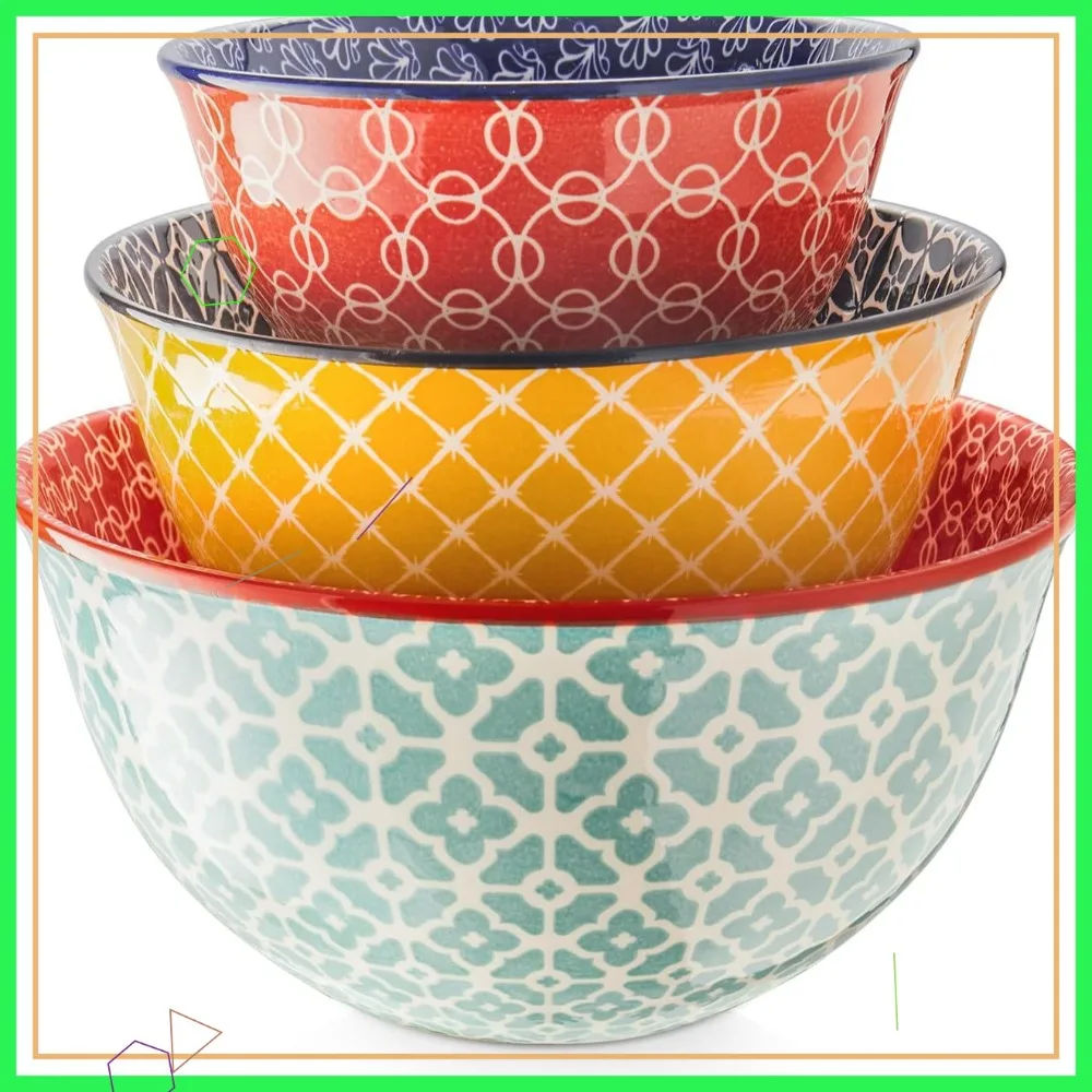 

Colorful Ceramic Mixing Bowls Set of 3, Microwave & Dishwasher Safe, Perfect for Cooking Baking Serving Salad, Housewarming Gift