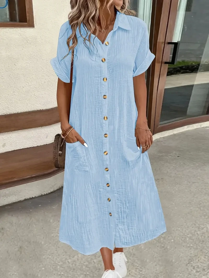 ชุดเดรสเชิ้ตฤดูร้อนลําลองของผู้หญิงปี 2025 ชุดเดรสแขนสั้นสีทึบ