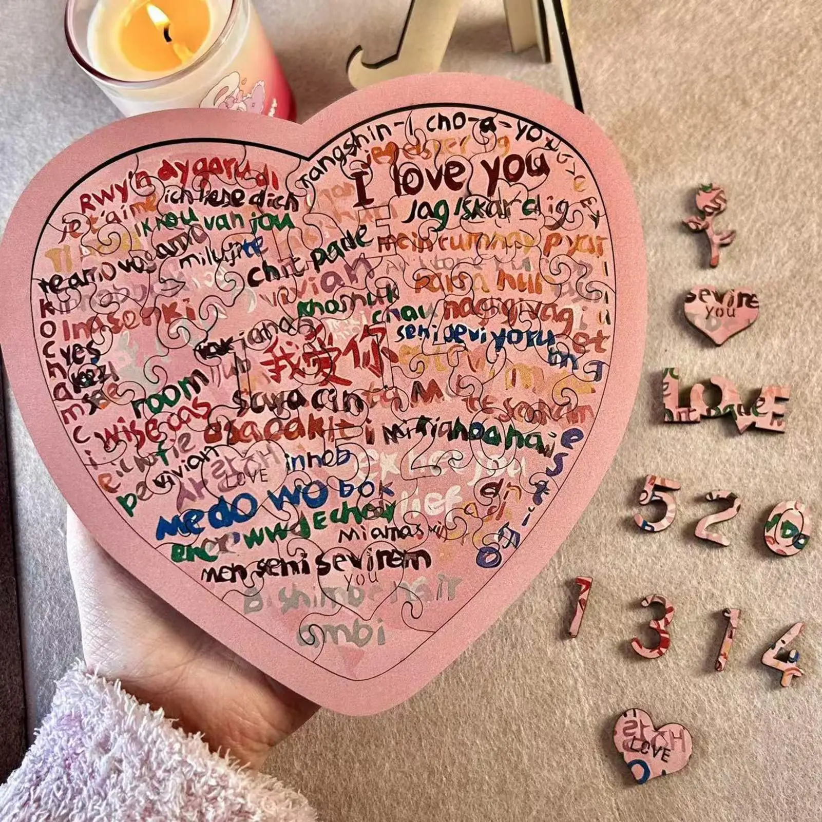 

Heart-Shaped Jigsaw Puzzle 100 Languages Wooden Colorful Home Decor Valentine's Day Heart Puzzle for Table Window Porch Party