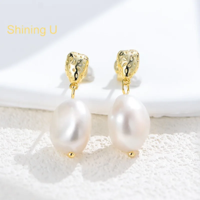 

Shining U 925 Sterling Silver Baroque Pearl Drop Earrings for Women Fine Jewelry Summer