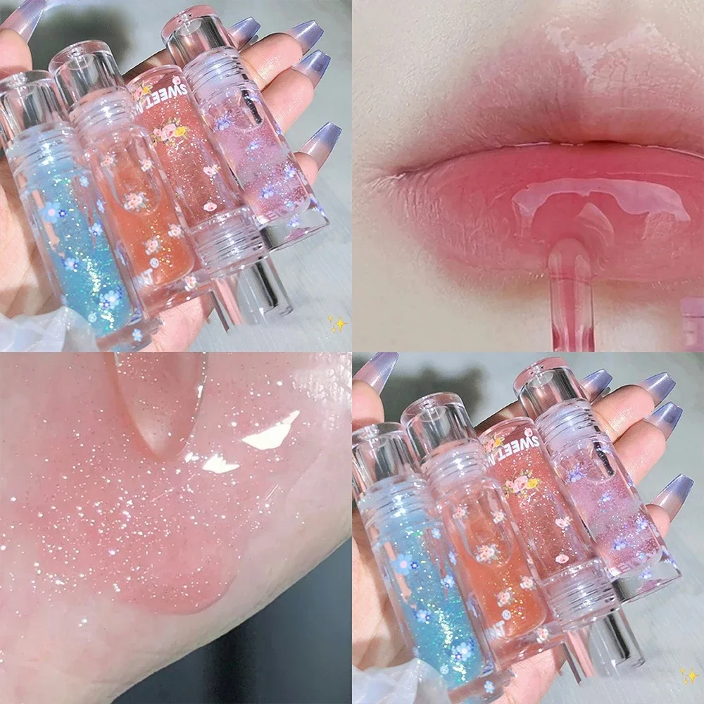 Flowers Crystal Lip Oil Water Light Shiny Lip Gloss Toot Lips Moisturizing Fine Flashing Clear Jelly Lip Glaze Liquid Lipstick