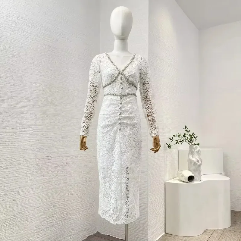 New 2024 Spring Summer White Vintage Graceful Hook Flower Hollow Pearl Lace Embroidery Long Sleeve Woman Midi Dress