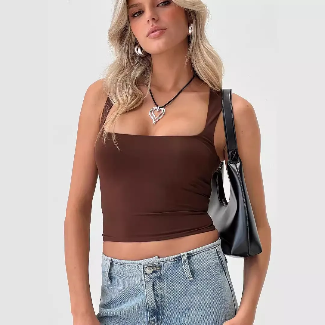Women's Y2K Square Neck Slim Fit Crop Tank Top in Pastel Color Brushed Sexy Y2k Summer Casual Wear Women Bodycon Black White