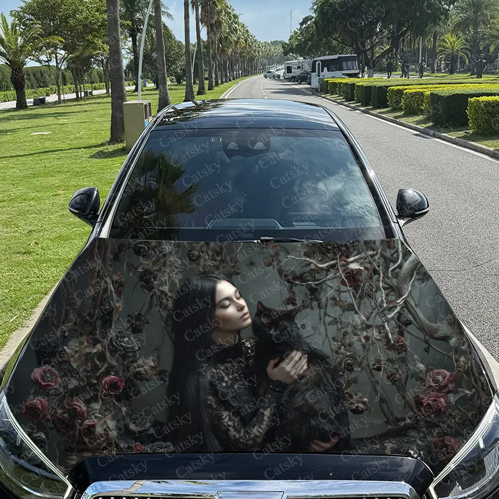 

Виниловая пленка для автомобиля с принтом винтажных розов «Черный кот и кружево», водонепроницаемая наклейка на капот автомобиля из ПВХ, самоклеящаяся царапина-R