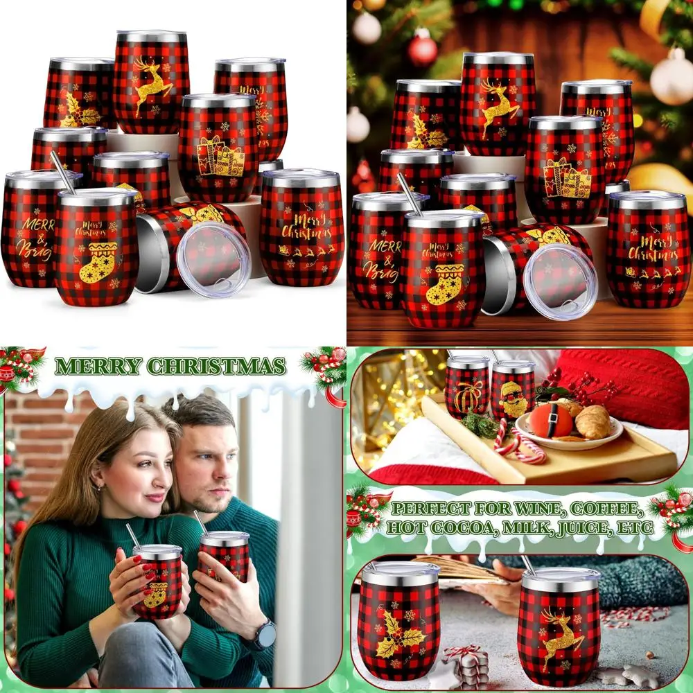 

Изолированные стаканы для вина из нержавеющей стали, набор из 12 шт., вакуумные рождественские кружки с двойными стенками на 12 унций для кофе и напитков