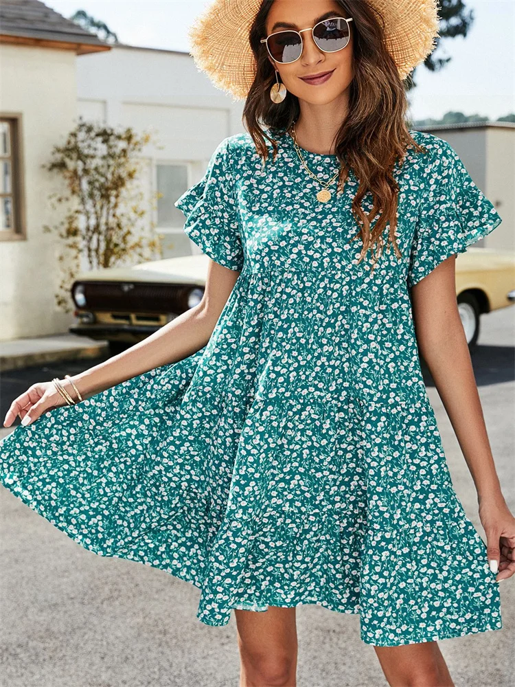 

Women Mini Dress Summer Floral Print Short Dress Loose Casual O-neck Short Sleeve Sundress Female Vintage Dress for Vacation