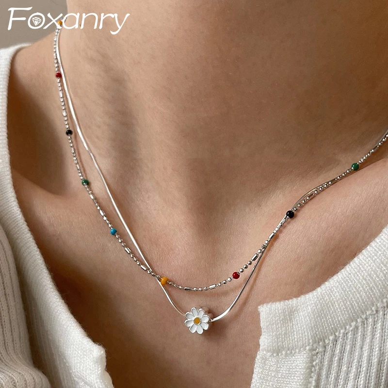 FOXANRY Colorful Beads Clavicle Chain Necklace Party Jewelry for Women New Fashion Creative Flower Pendant Accessories Gifts