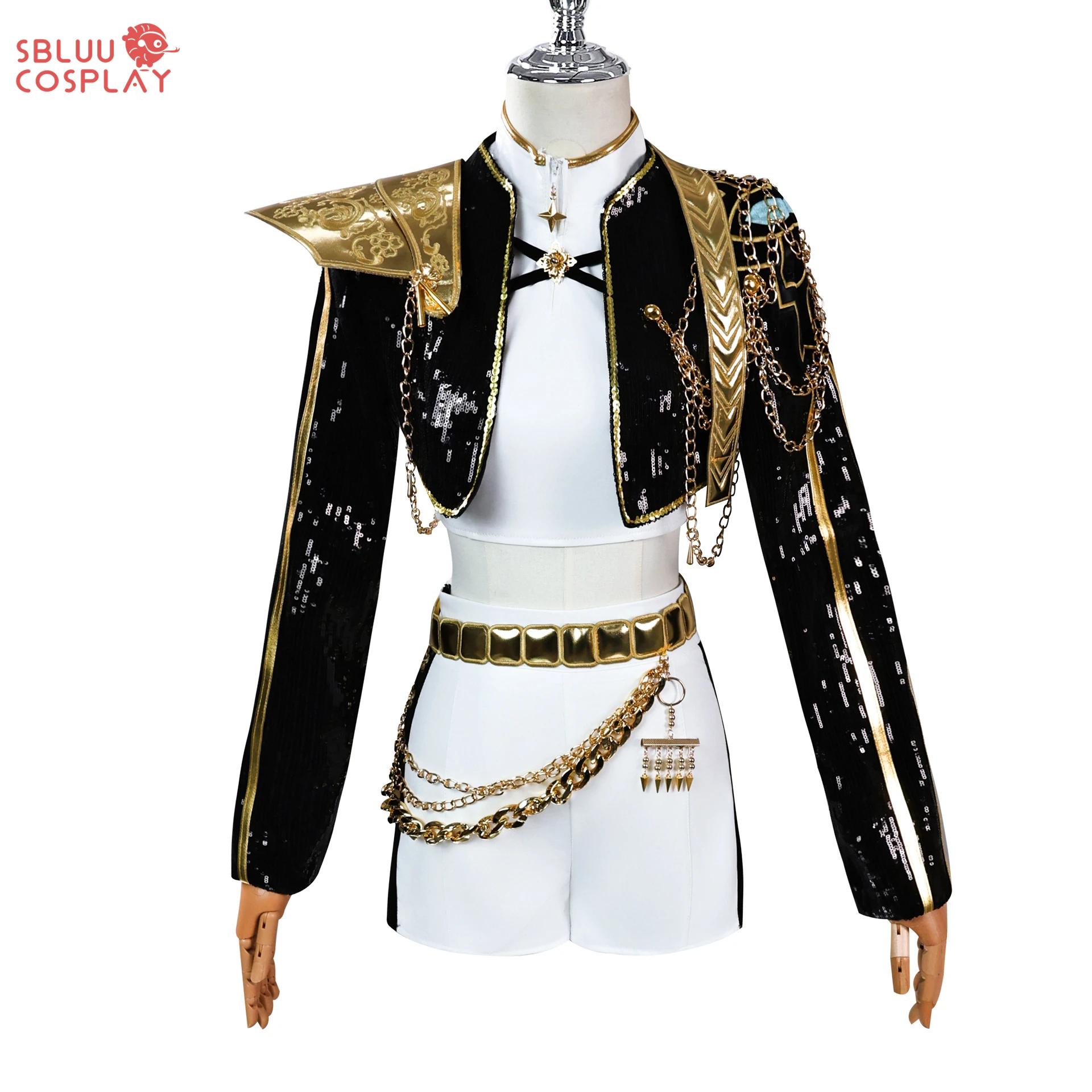 SBluuCosplay Kpop Zoey Mira Rumi Cosplay Huntrix Kostum Pemburu Iblis Wig Gaun Hitam Emas Pakaian Pesta Halloween