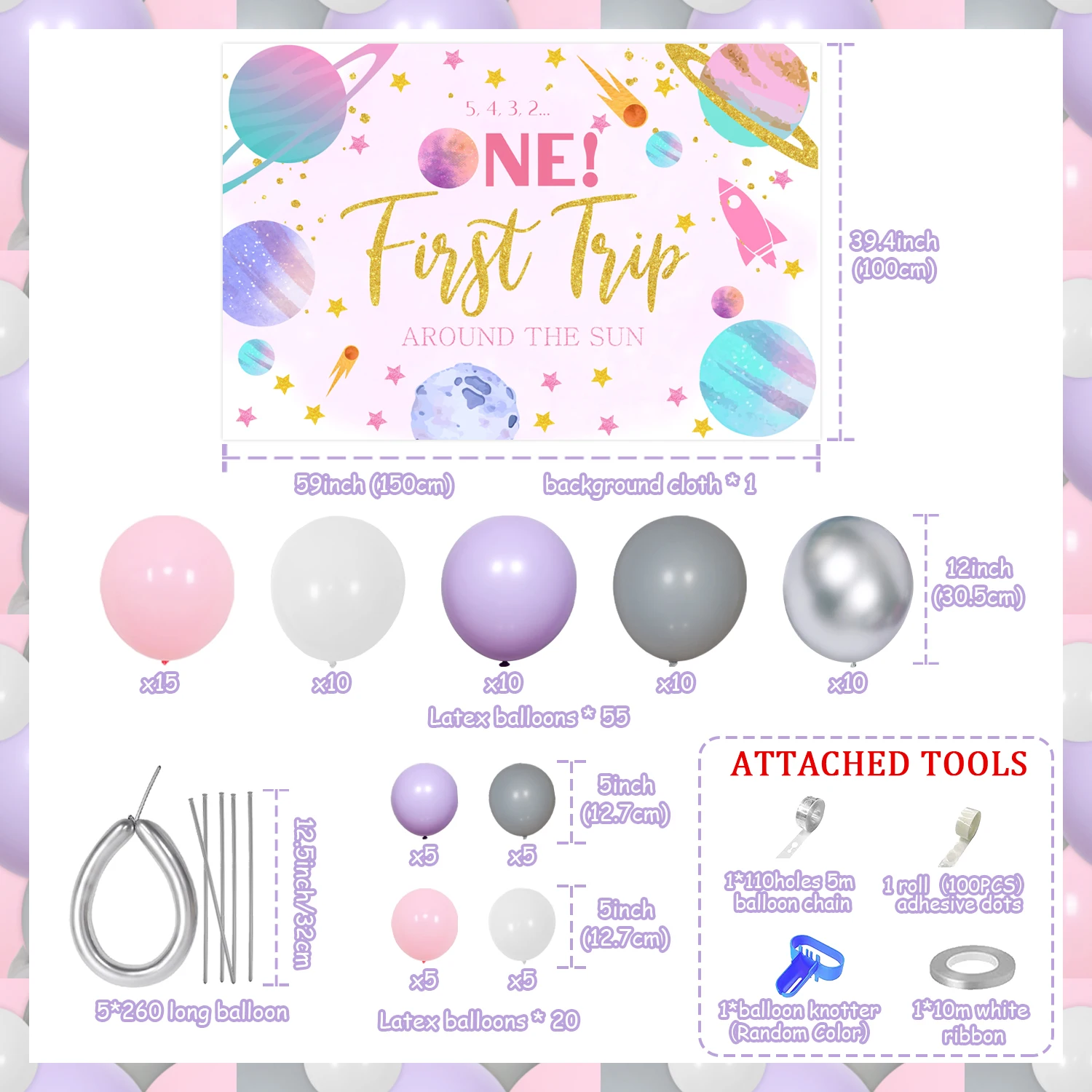 Outer Space Arch Kit for Girls, 1st Birthday Party Decor, First Trip Around the Sun Backdrop, Pink Silver Moon and Star Balloon