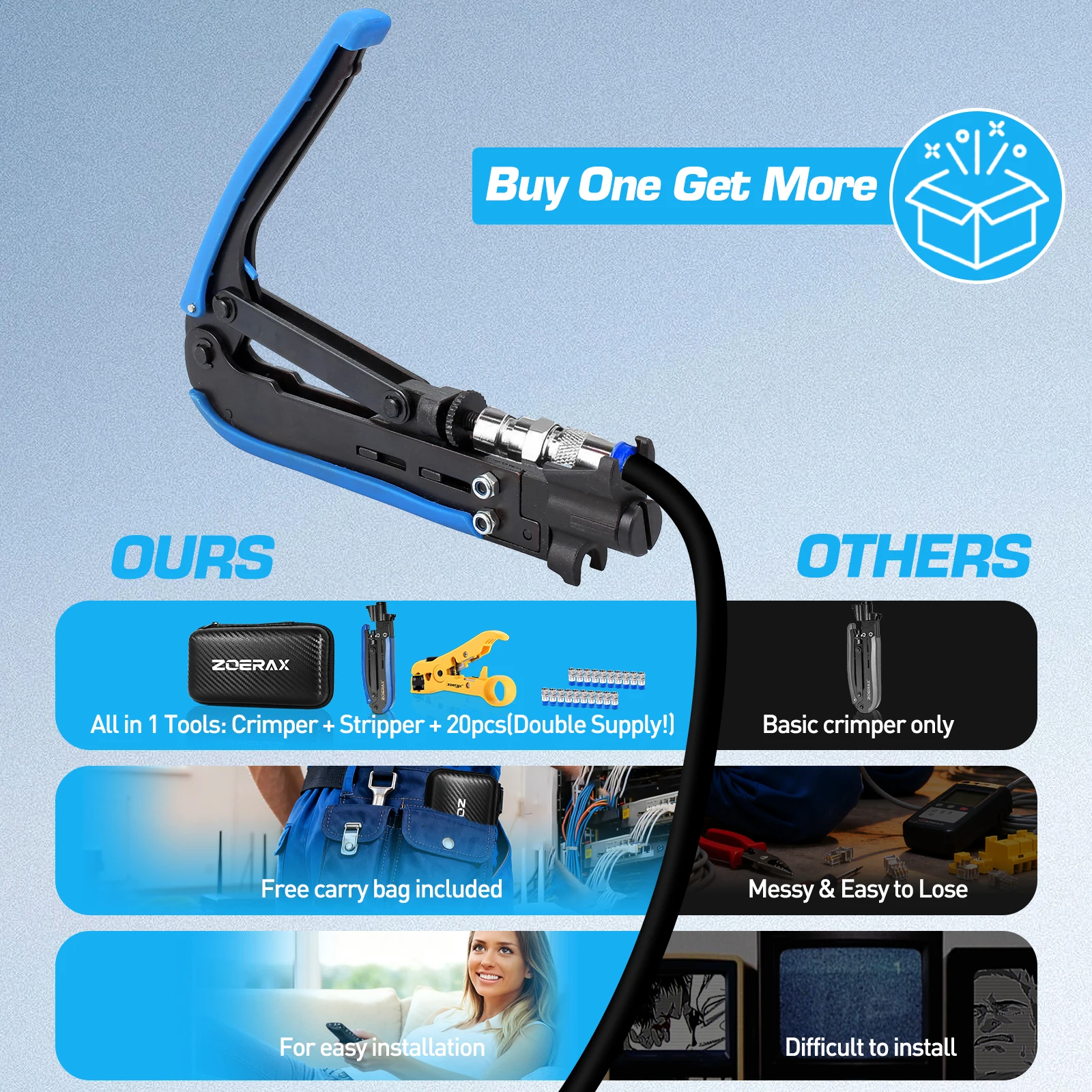 مجموعة أدوات تجعيد الكابلات المحورية ZoeRax مع أداة تعرية الأسلاك، 20 قطعة من موصلات F - أداة ضغط المحور للكابلات المحورية RG6، RG59، RG11 #2