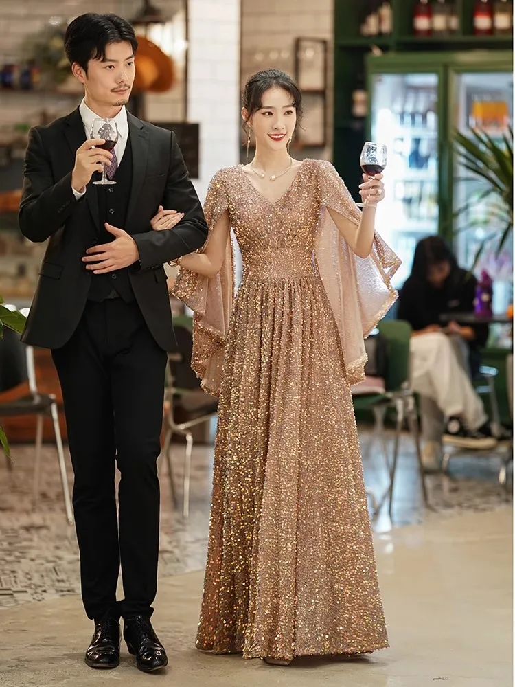 

Long Sequin Evening Gown for Host Performance New Year's Celebration Faionable Mid-Waist Princ Skirt