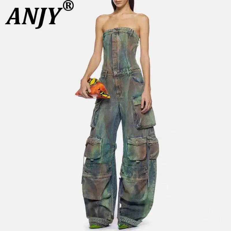 

ANJY Summer New Women Tide High Street Vintage Chic Safari Style Multi-Pocket Slimming Strapless Sleeveless Denim Jumpsuit A7185