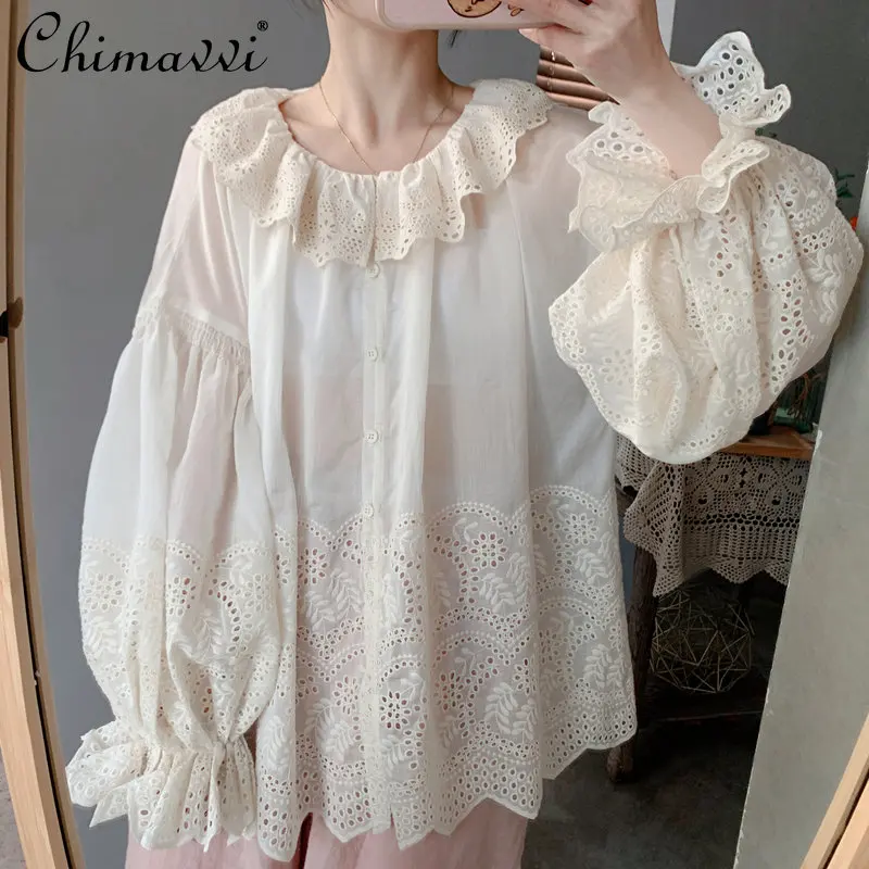 

Original Spring Court Style Lantern Sleeve Shirt French Lace Embroidered Blouse Loose Sweet Long Sleeve Doll Blusas Women Tops