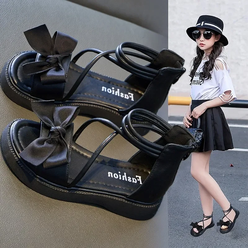 

26-37 New 2025 Children's Sandals for Girls Shoes for Kids Gladiator Summer Soft Flat Heels Beach Princess Fashion Bow Tie Shoes