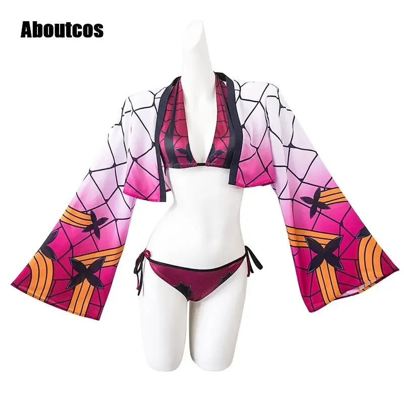 Anime Swimsuit Anime Demon Slayer Bikini Set Tattoo Stickers Sexy Pink Swimwear Kimetsu No Yaiba Cosplay Costume Upper Rank Six