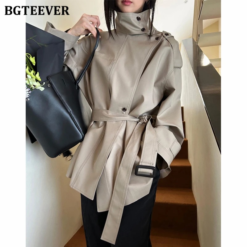 

BGTEEVER стильный осенне-зимний свободный женский ветровка на одной пуговице, повседневный женский плащ с длинным рукавом и воротником-стойкой с поясом