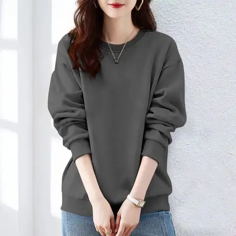 봄 가을 솔리드 단순 긴 소매 하라주쿠 탑 루즈 스트리트 캐주얼 후드 티 스웨터 패션 트렌드 여성 의류