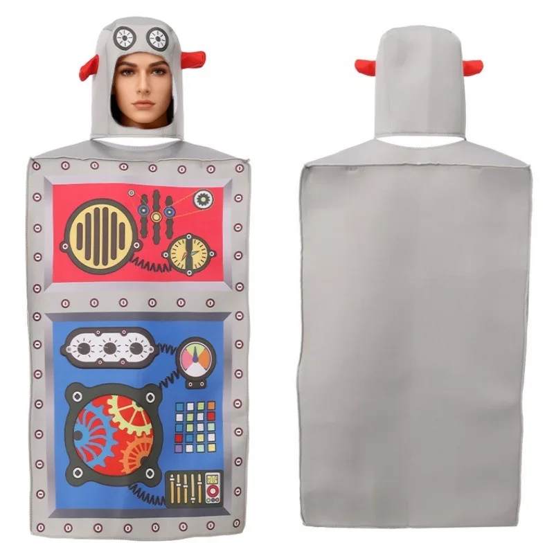 

Halloween Cosplay Costume Funny Robot Hat Printing Jumpsuit Suits Performance Theme Party Role Playing Outfits for Adult Kids