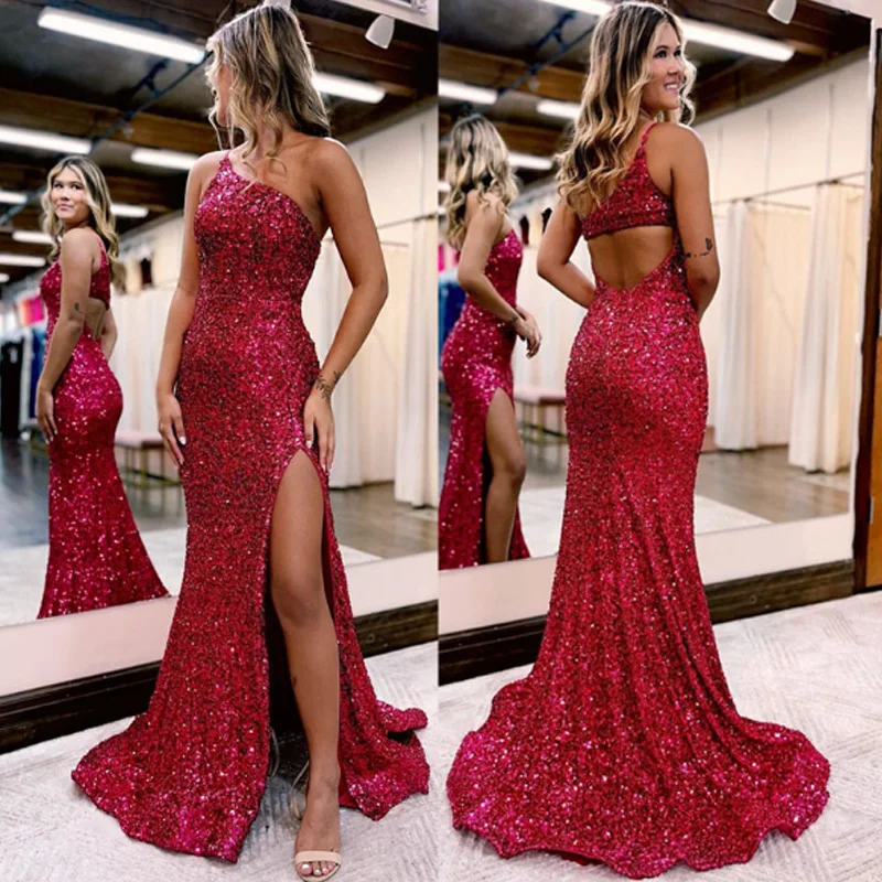 Customized Sexy Mermaid Sequined One Shoulder Long Prom Dresses Split Sweep Train Sleeveless Prom Gown Vestidos De Noche