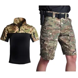 Cargo Shorts Men Camouflage Suits Summer Tactical Shirt Casual Men Short Pants+Shirts Clothing Camo Men Hiking Cargo Shorts