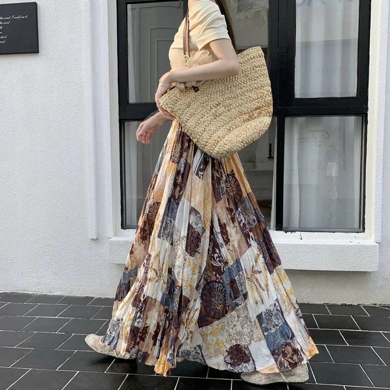 

Желтая плиссированная длинная юбка с акварельным принтом, женская летняя модная юбка с высокой талией, универсальная драпированная шифоновая макси-юбка с цветочным принтом