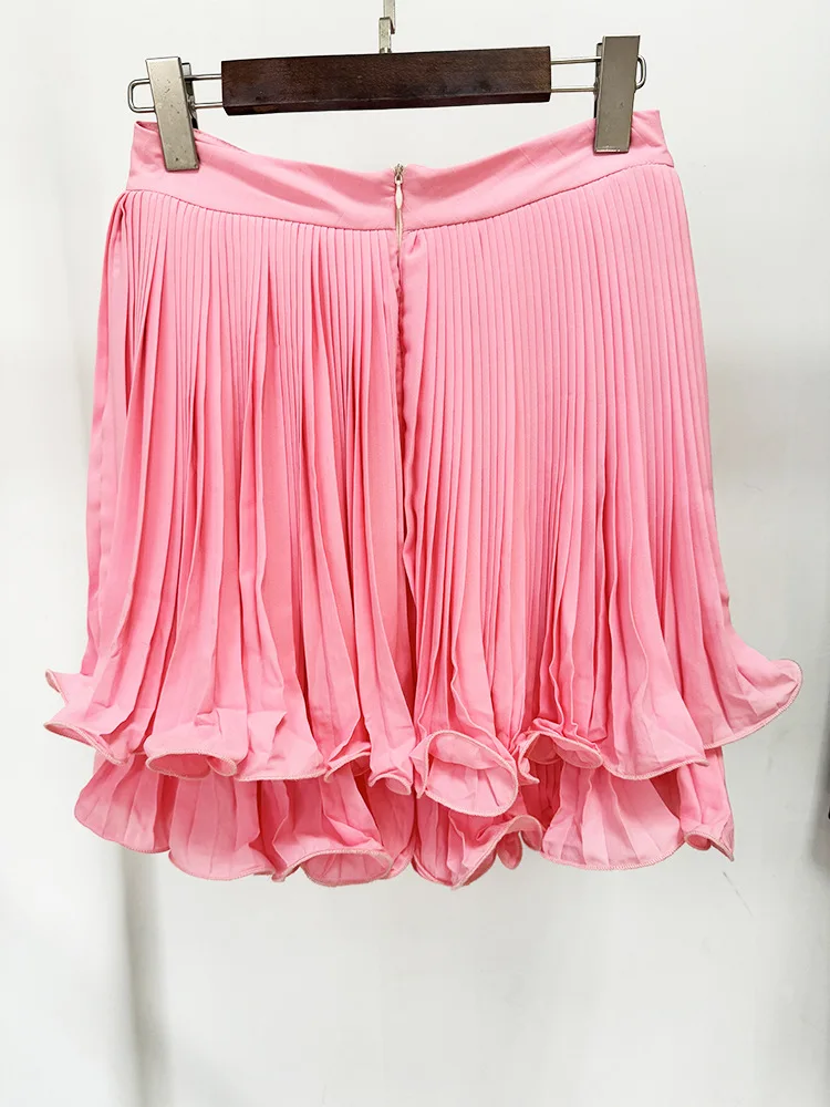 Fashion Designed 2024 Summer Lady Double Layers Quality Office Mini Pleated Solid Short Ruffles Skirt For Women