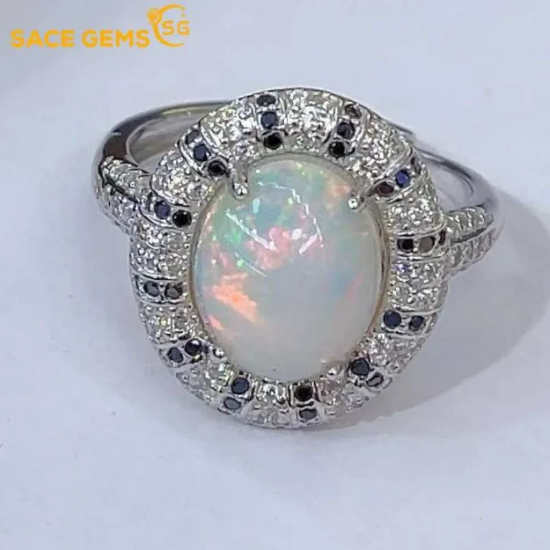 

SACE GEMS New Luxury 925 Sterling Silver 9*11MM Natural Opal Rings for Women Engagement Cocktail Party Fine Jewelry Gift