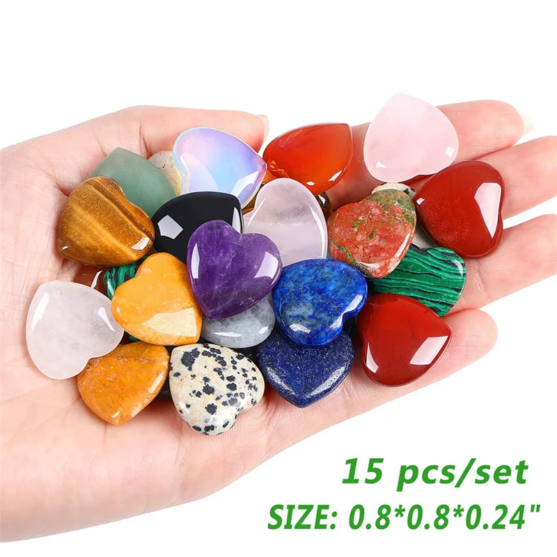 

【Flash-Deal!】15 Piece Natural Love Stone Quartz Clear Quartz Eye Heart Set Palm Thumb Gemstones Meditation 0.8 Inch
