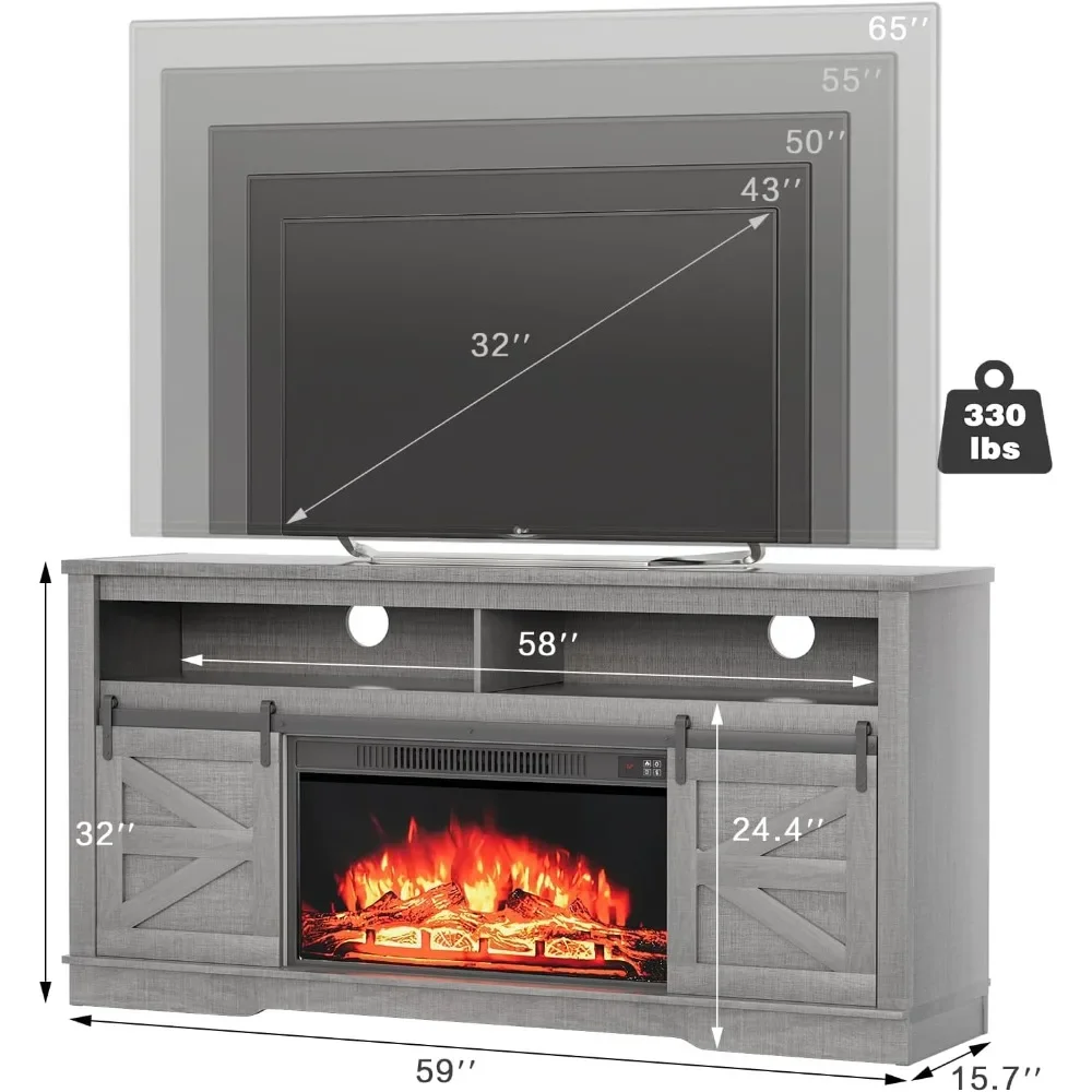 TV Stand for Television Up To 65+ Inch with Storage and Farmhouse Sliding Barn Doors, Cabinet and Shelves, Fireplace TV Console