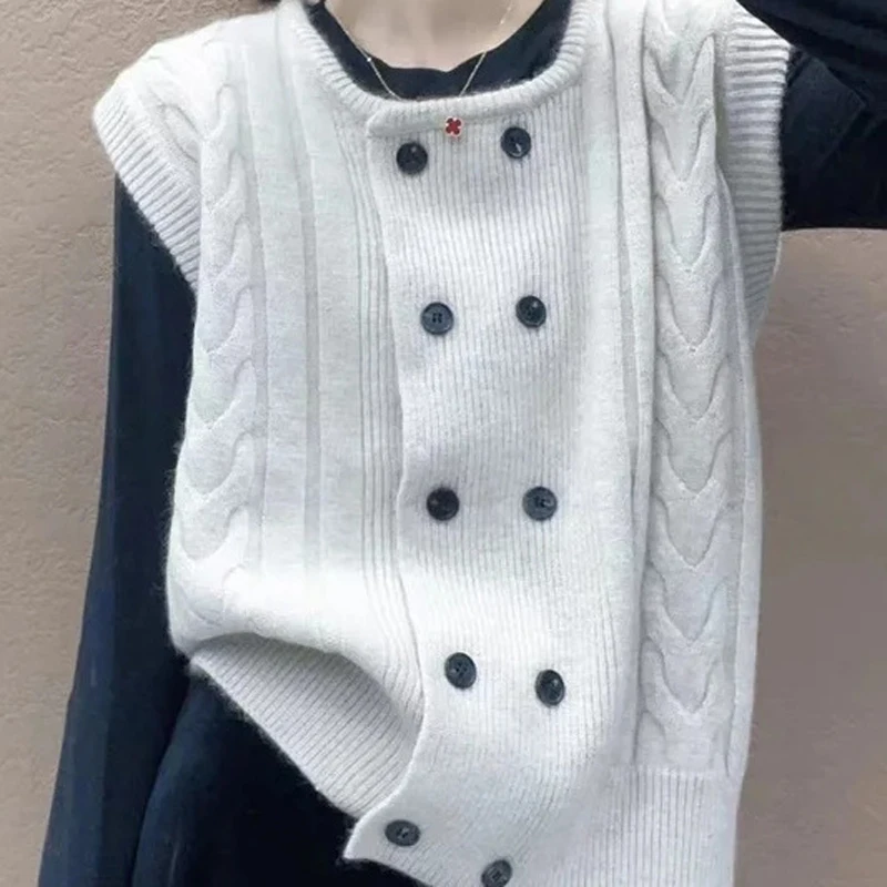 Women Vintage Simple Casual Streetwear Sleeveless Double Breasted Knitted Sweater Vest Y2K Trendy Twist Loose Outewear Waistcoat