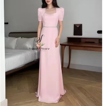 

Customized Elegant Pink Short Sleeve Prom Dress Square Neck Beaded Party Evening Gown Floor Length Formal Occasion Gowns 2025