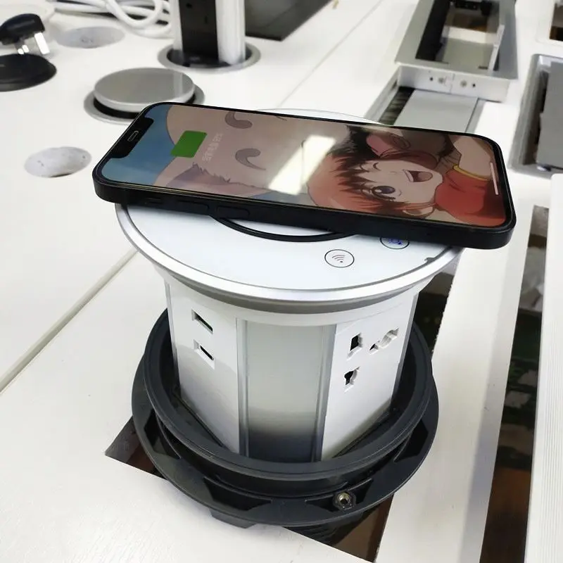 Universal Power Outlet Wifi Intelligent IP65 Waterproof Motorized Pop up Lifting Tower Socket With 2 USB-C Wireless Charging