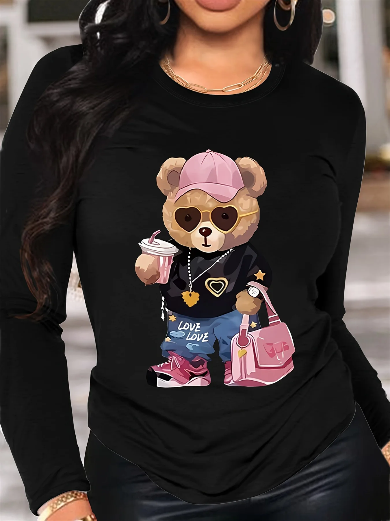 

Весенне-осенняя женская модная повседневная свободная футболка из 100% хлопка с принтом медведя и круглым вырезом с длинными рукавами, топ
