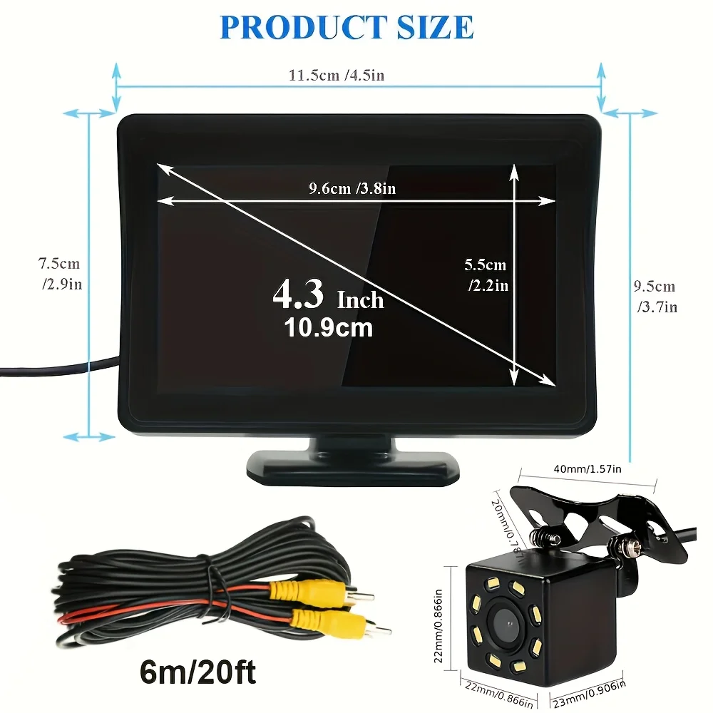 High-Definition Rearview Camera System for Vehicles, Featuring Night Vision And a 4.3-Inch Monitor with 8 LED Lights