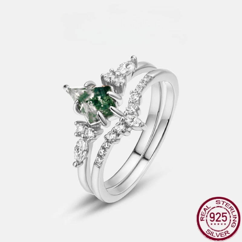 New S925 Pure Silver Green Moss Stone Water Grass Agate Finger Ring European and American Fashion Light Luxury Wedding Jewelry