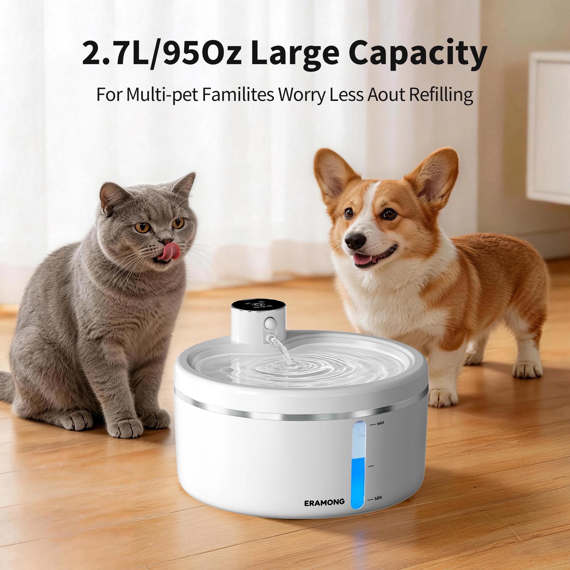 ERAMONG 2.7L Wireless Intelligent Cat Water Fountain 4000mAh Battery Ultra Quiet 28dB Auto Sensor Pet Water Dispenser for Cats and Small Dogs, Two Filter Elements Are Included as a Gift