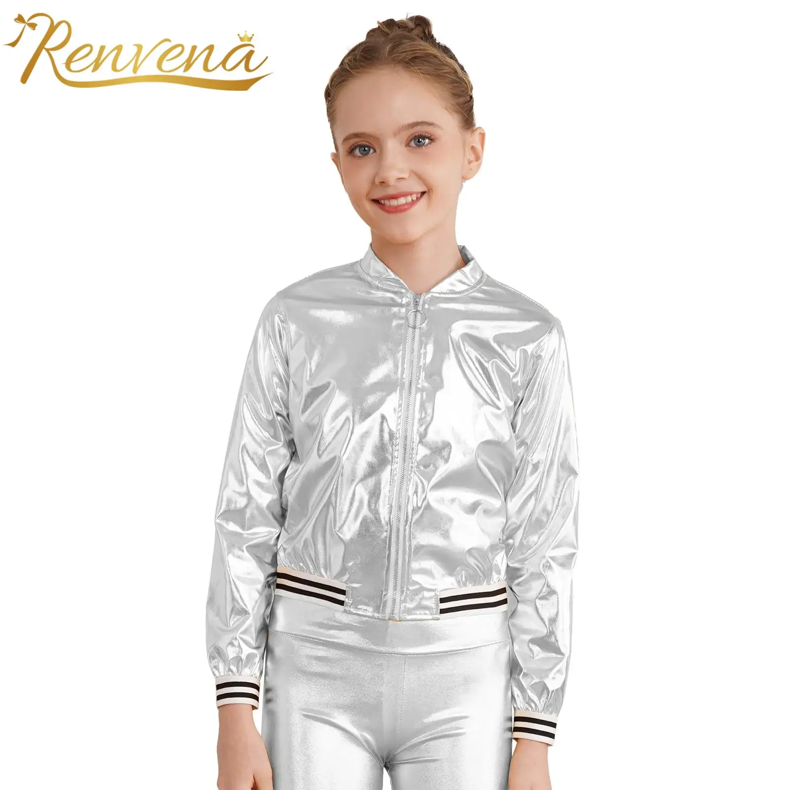 Kids Girls Shiny Metallic Moto Jacket Long Sleeve Children Fashion Street Coat for Baseball Jazz Dance Top Disco Party Costume