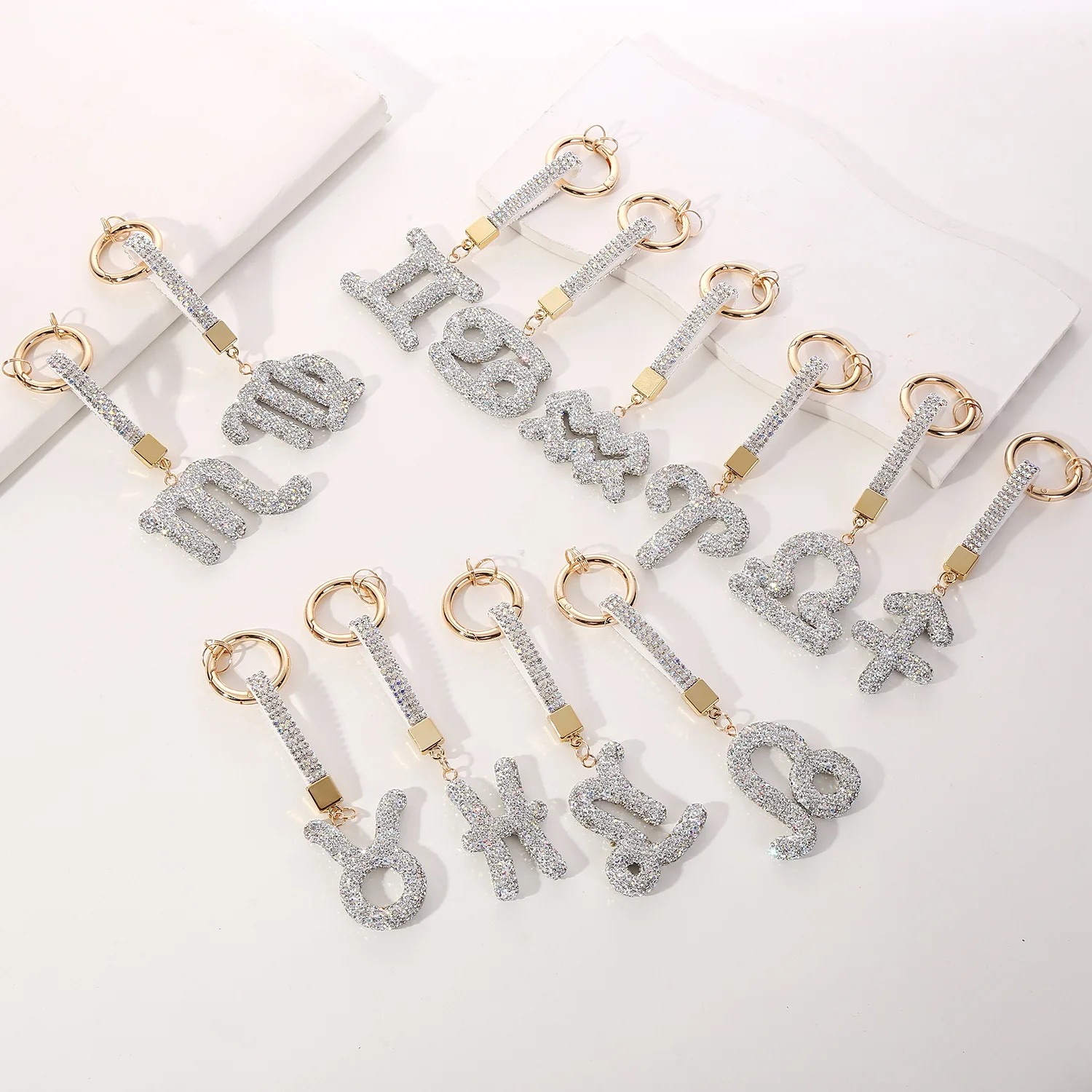Rhinestone Zodiac Keychain Pendant for Women Bag Car Key Chain Accessories Gemini Metal Charms Keyring Constellation Key Chains