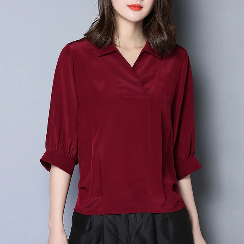 Women Silk Satin Simple Elegant Blouses Summer Korean Fashion V Neck Half Sleeve Casual Shirts Solid Loose Pullover Ladies Tops