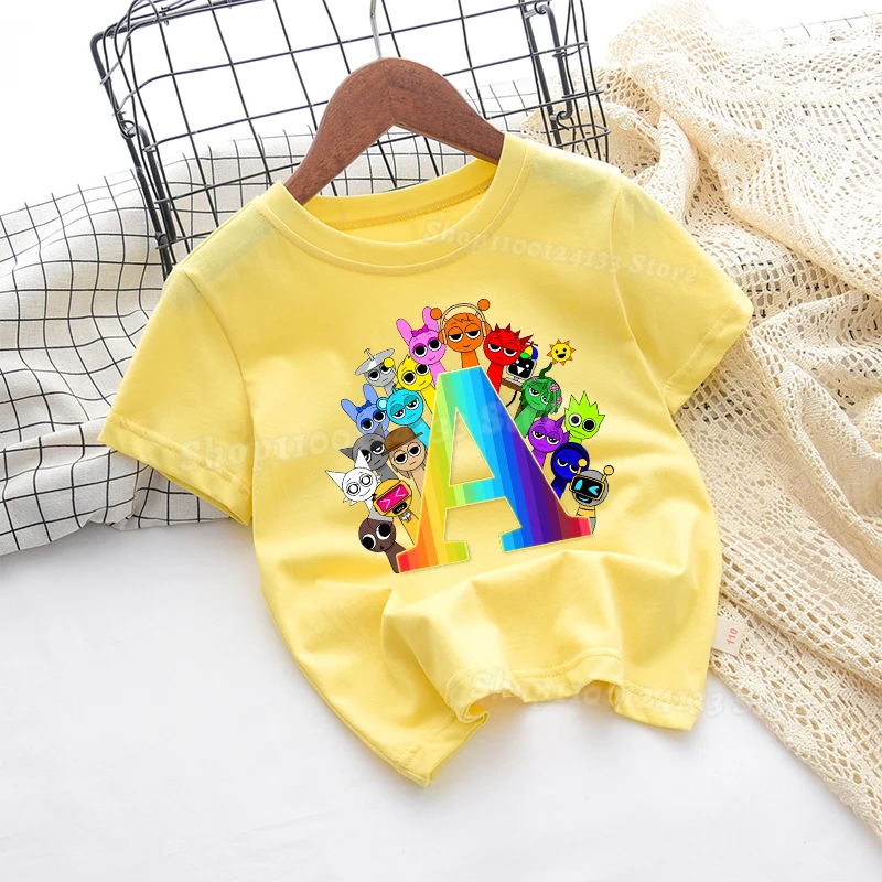 

Sprunkis Boy Girl T-shirt Cotton Game Cute Letters A-Z Anime Print Yellow Tee Short Sleeve Kids Streetwear Casual Kawaii Clothes
