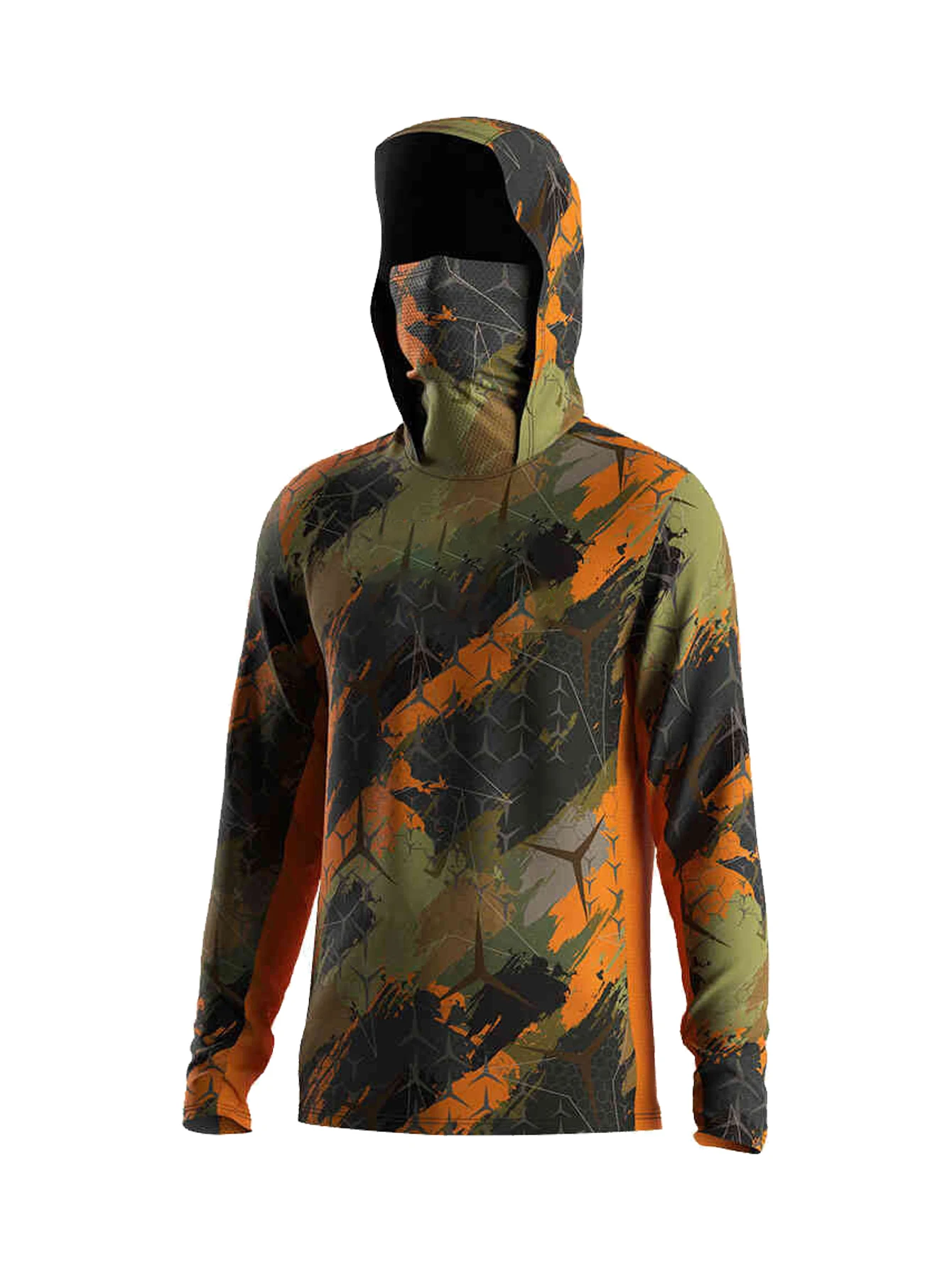 Autumn Orange Green Camo Men Fishing Hooded Shirt Built‑in Face Cover UPF50+ Sun Protection Quick‑Dry Long Sleeve Tops