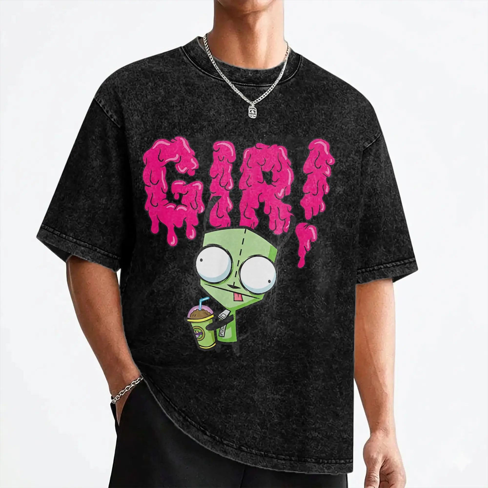 Cartoon Invaders Zim Gir Washed T Shirt Streetwear Retro T-Shirt  Tee Shirt Men Women 100% Cotton Oversize Graphic