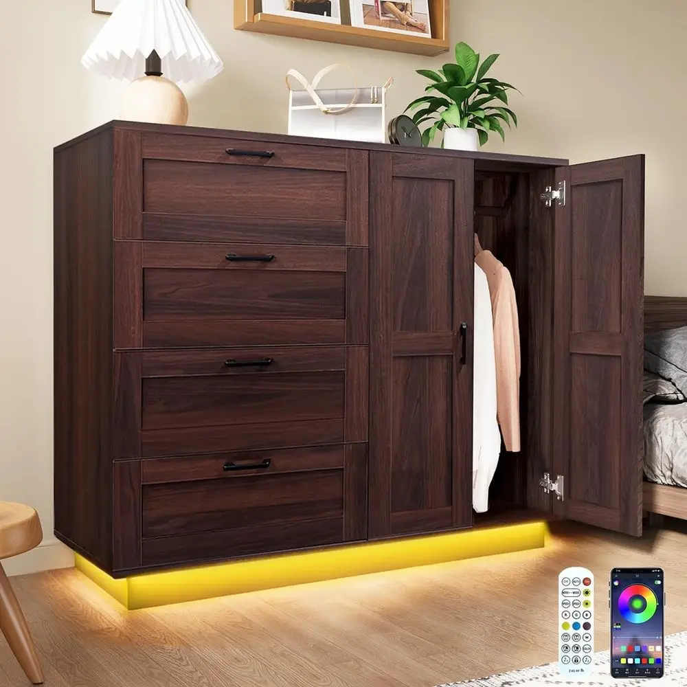 

43.3 LED-lit Wooden Armoire with 4 Drawers and Hanging Space for Bedroom Storage