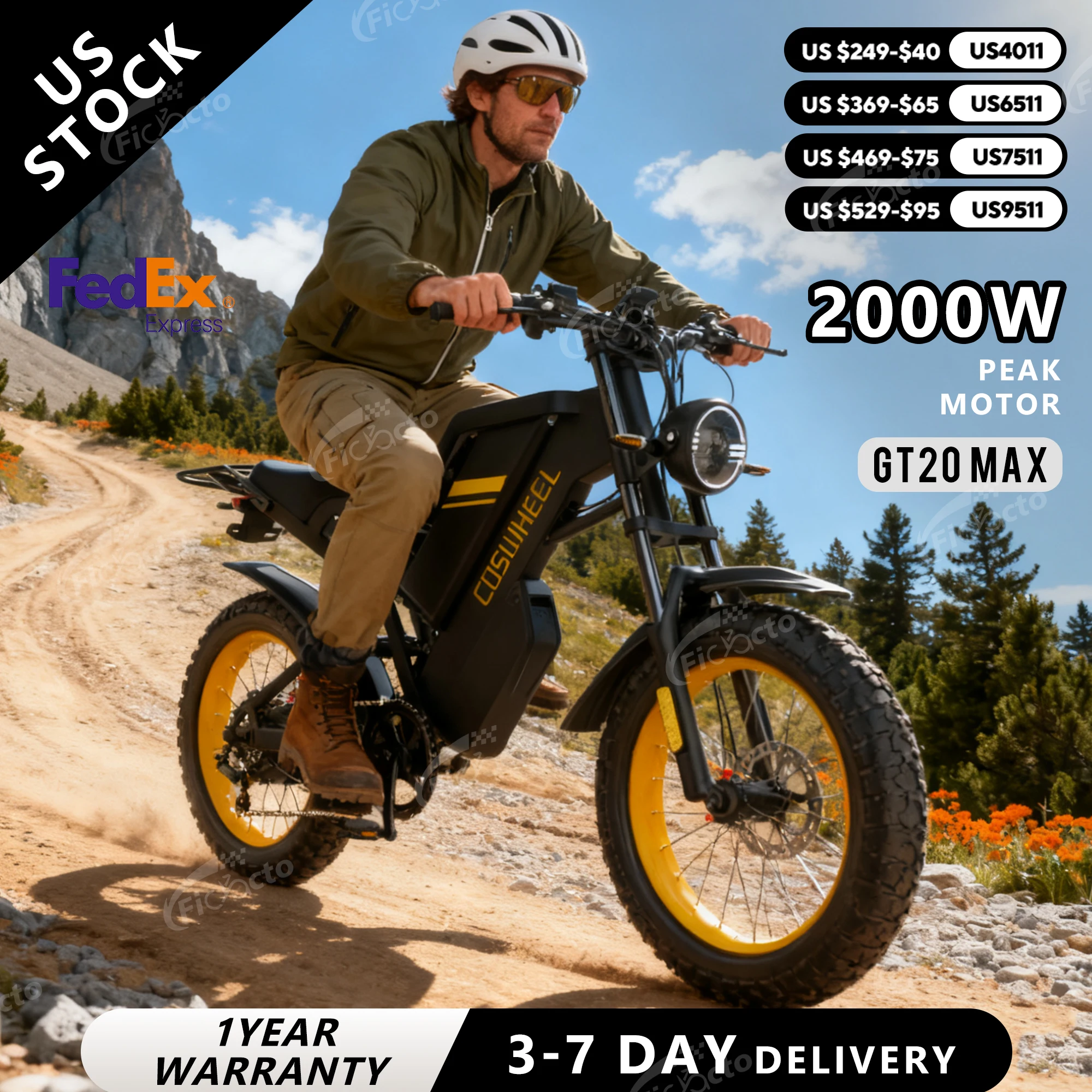 

COSWHELL Electric Bicycle 2000W PEAK Motorcycle GT20 MAX Electric Bike 60V 40AH Dual Batteries Tire All-Terrain 7 Speed E Bike