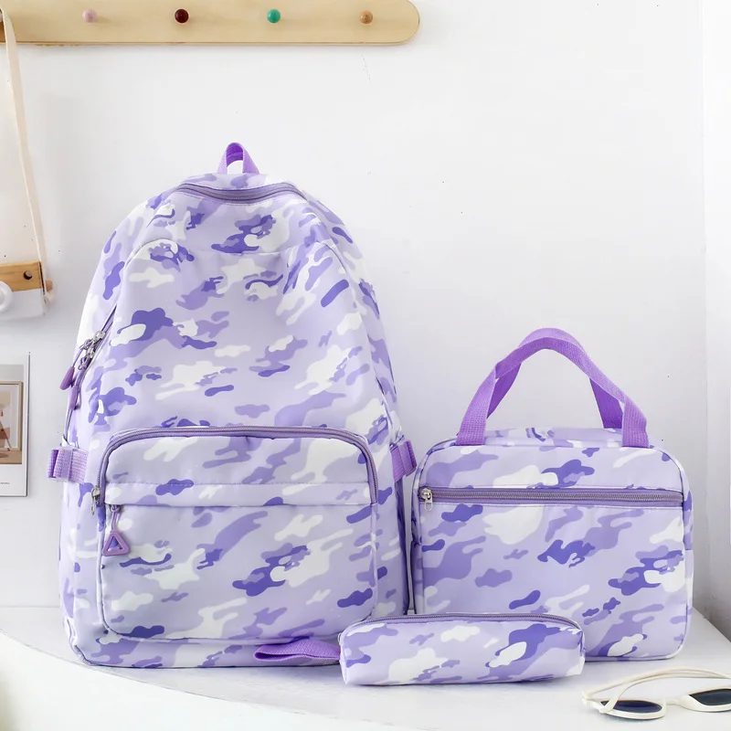 Student Three Piece Set School Bag Girls Boys Lightweight Large Capacity Camouflage Solid Color Backpack Kid Multilayer Backpack