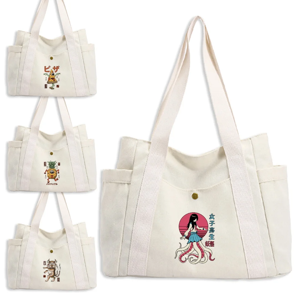

Canvas Bag Large Capacity Cute Monster Series Shopping Bags Single Shoulder Canvas Bag Commuting Daily Grocery Shopping Bag